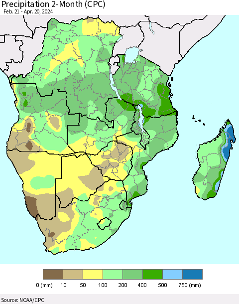 Southern Africa Precipitation 2-Month (CPC) Thematic Map For 2/21/2024 - 4/20/2024