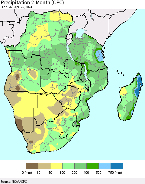 Southern Africa Precipitation 2-Month (CPC) Thematic Map For 2/26/2024 - 4/25/2024
