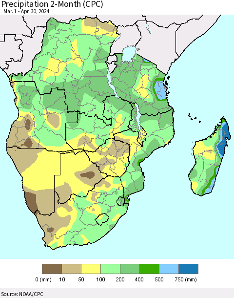 Southern Africa Precipitation 2-Month (CPC) Thematic Map For 3/1/2024 - 4/30/2024
