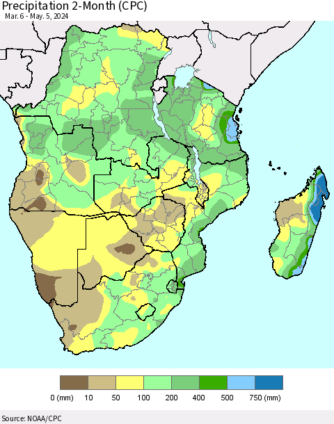 Southern Africa Precipitation 2-Month (CPC) Thematic Map For 3/6/2024 - 5/5/2024