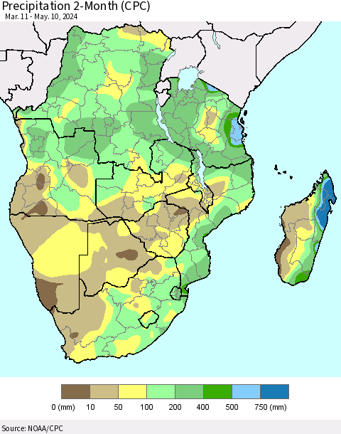 Southern Africa Precipitation 2-Month (CPC) Thematic Map For 3/11/2024 - 5/10/2024