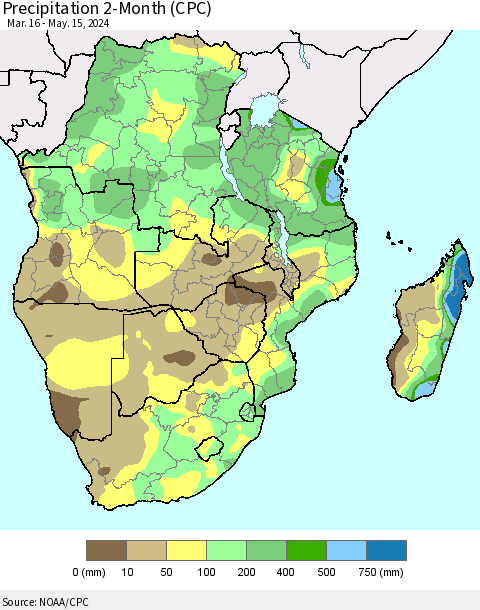 Southern Africa Precipitation 2-Month (CPC) Thematic Map For 3/16/2024 - 5/15/2024
