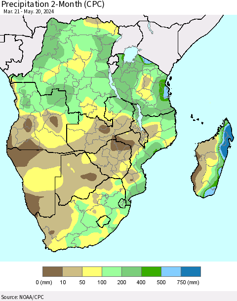 Southern Africa Precipitation 2-Month (CPC) Thematic Map For 3/21/2024 - 5/20/2024