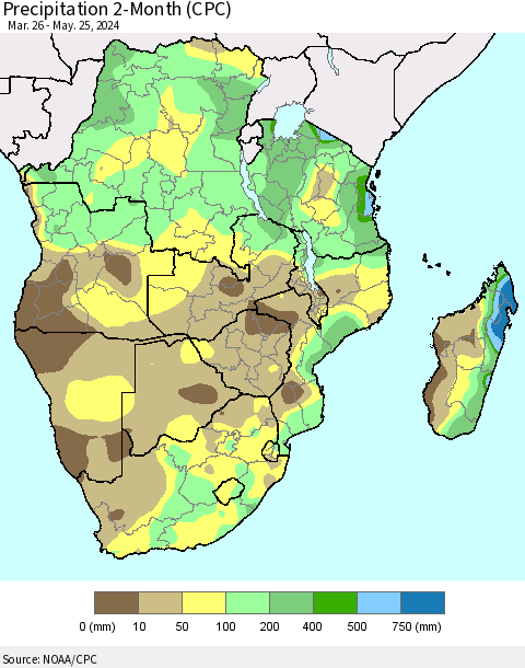 Southern Africa Precipitation 2-Month (CPC) Thematic Map For 3/26/2024 - 5/25/2024