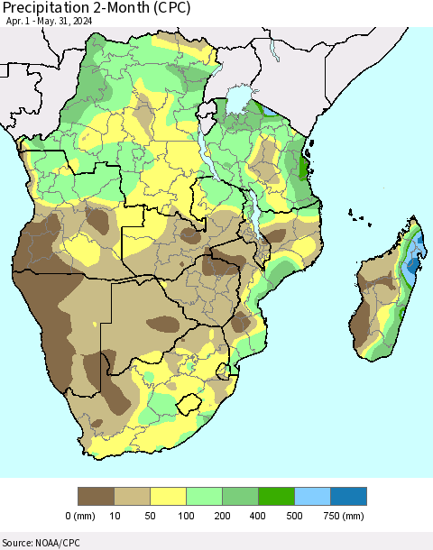 Southern Africa Precipitation 2-Month (CPC) Thematic Map For 4/1/2024 - 5/31/2024