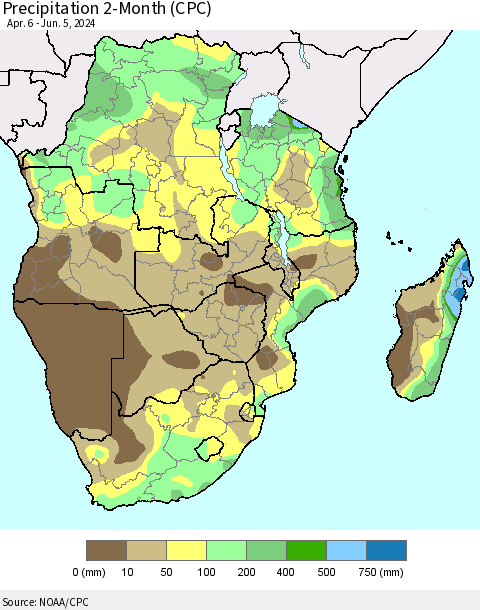 Southern Africa Precipitation 2-Month (CPC) Thematic Map For 4/6/2024 - 6/5/2024
