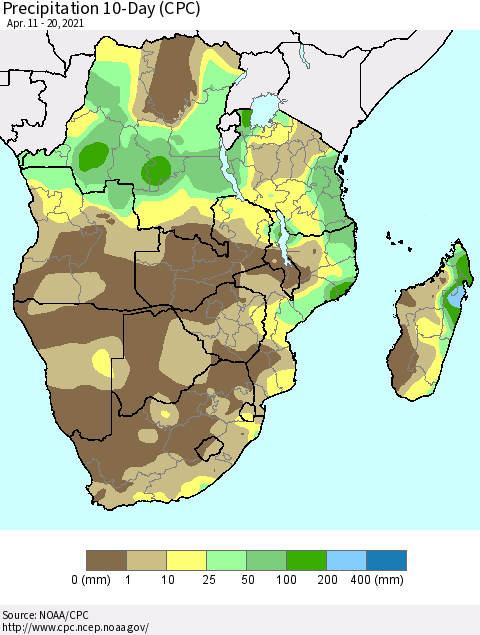 Southern Africa Precipitation 10-Day (CPC) Thematic Map For 4/11/2021 - 4/20/2021