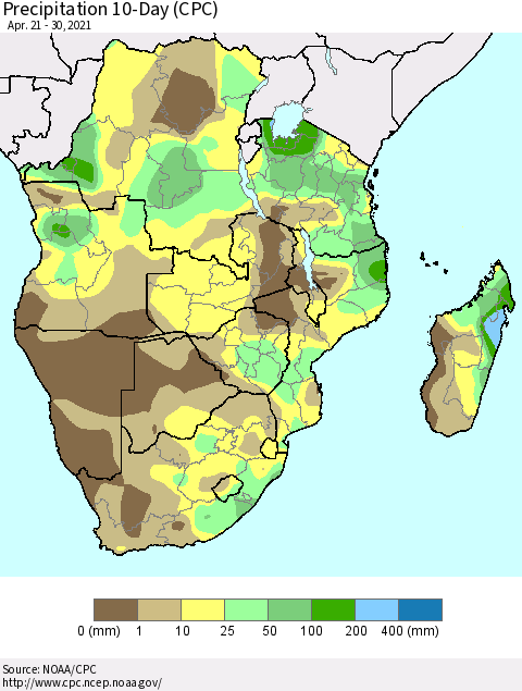 Southern Africa Precipitation 10-Day (CPC) Thematic Map For 4/21/2021 - 4/30/2021