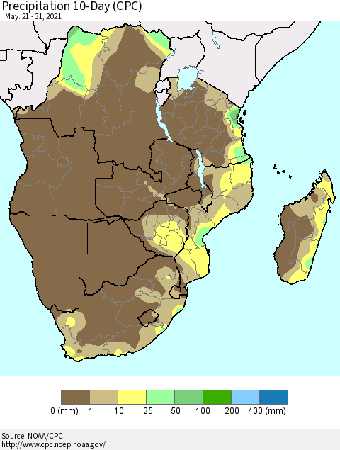 Southern Africa Precipitation 10-Day (CPC) Thematic Map For 5/21/2021 - 5/31/2021