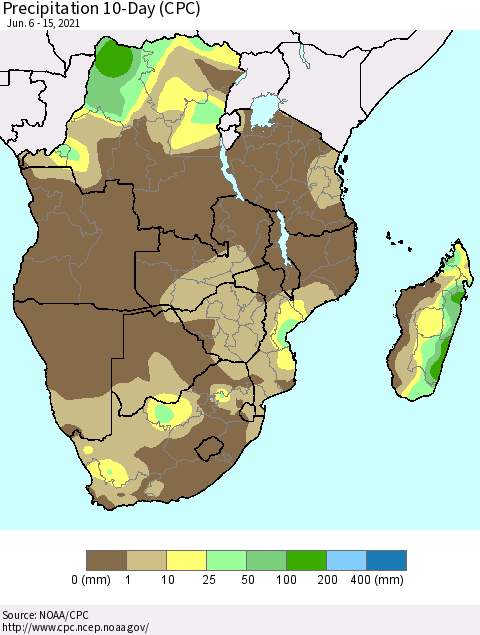 Southern Africa Precipitation 10-Day (CPC) Thematic Map For 6/6/2021 - 6/15/2021