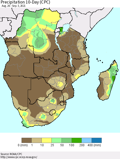 Southern Africa Precipitation 10-Day (CPC) Thematic Map For 8/26/2021 - 9/5/2021