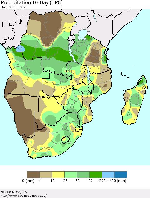 Southern Africa Precipitation 10-Day (CPC) Thematic Map For 11/21/2021 - 11/30/2021