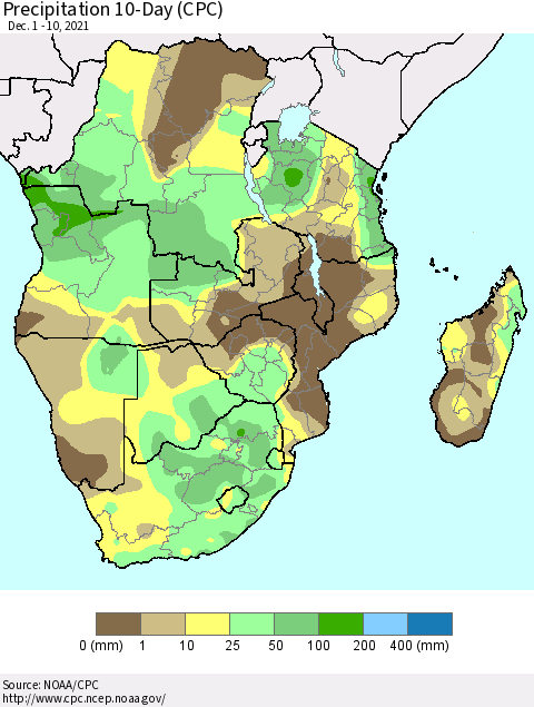Southern Africa Precipitation 10-Day (CPC) Thematic Map For 12/1/2021 - 12/10/2021