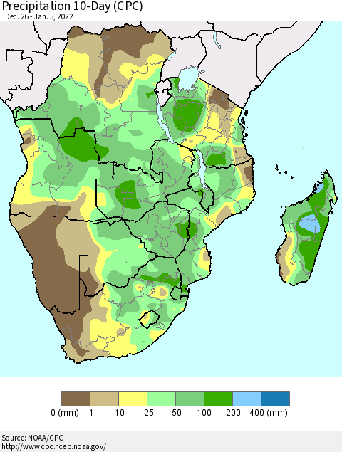 Southern Africa Precipitation 10-Day (CPC) Thematic Map For 12/26/2021 - 1/5/2022