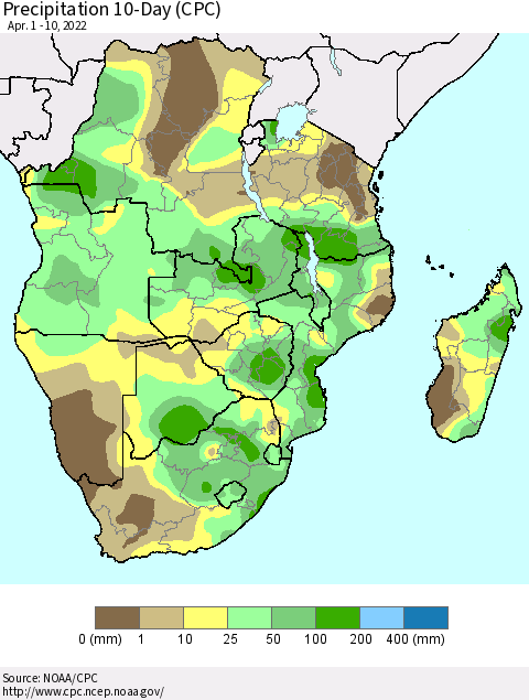 Southern Africa Precipitation 10-Day (CPC) Thematic Map For 4/1/2022 - 4/10/2022