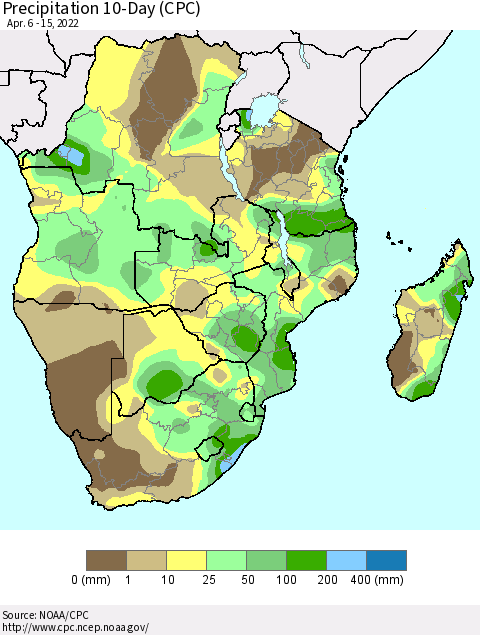 Southern Africa Precipitation 10-Day (CPC) Thematic Map For 4/6/2022 - 4/15/2022