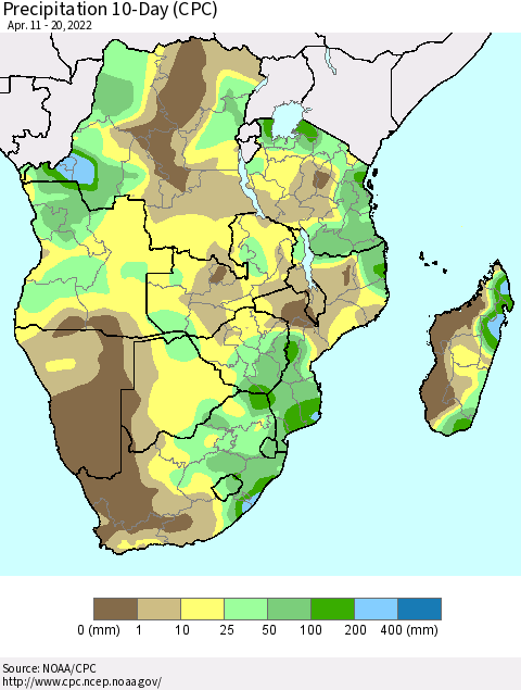 Southern Africa Precipitation 10-Day (CPC) Thematic Map For 4/11/2022 - 4/20/2022