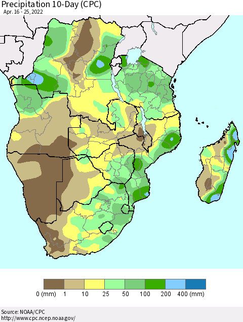 Southern Africa Precipitation 10-Day (CPC) Thematic Map For 4/16/2022 - 4/25/2022