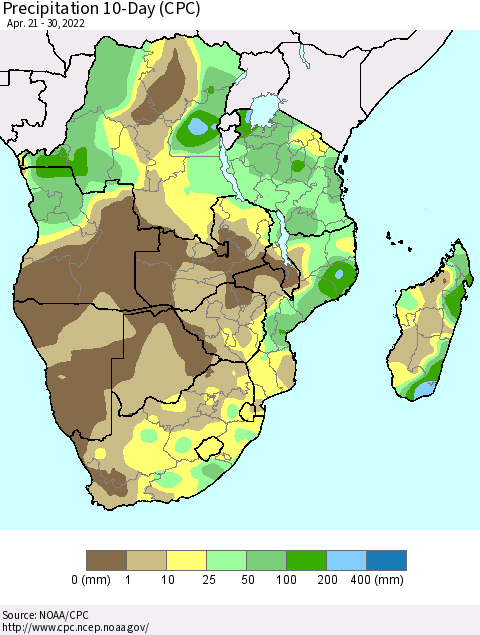 Southern Africa Precipitation 10-Day (CPC) Thematic Map For 4/21/2022 - 4/30/2022