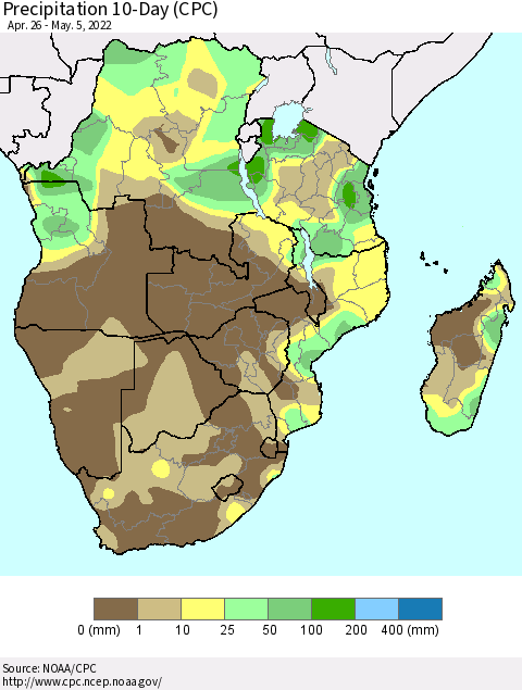 Southern Africa Precipitation 10-Day (CPC) Thematic Map For 4/26/2022 - 5/5/2022