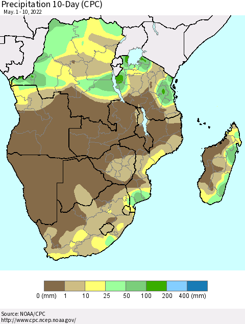 Southern Africa Precipitation 10-Day (CPC) Thematic Map For 5/1/2022 - 5/10/2022