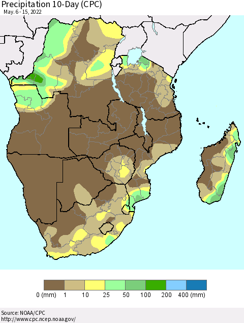 Southern Africa Precipitation 10-Day (CPC) Thematic Map For 5/6/2022 - 5/15/2022