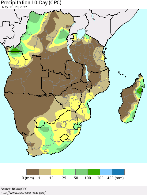 Southern Africa Precipitation 10-Day (CPC) Thematic Map For 5/11/2022 - 5/20/2022