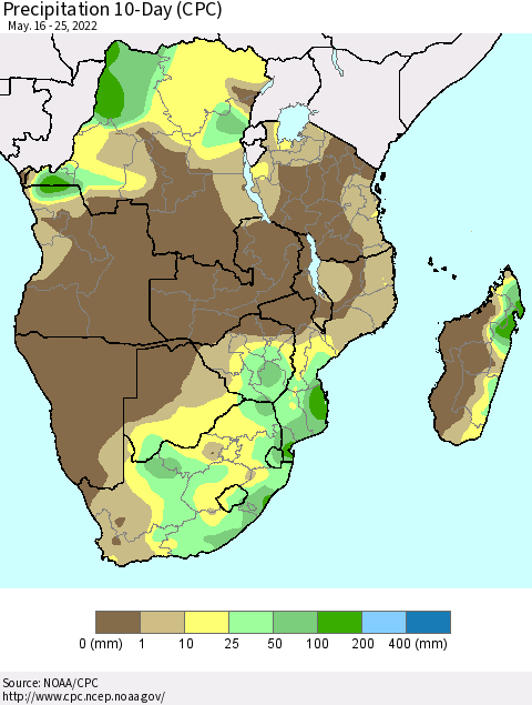 Southern Africa Precipitation 10-Day (CPC) Thematic Map For 5/16/2022 - 5/25/2022