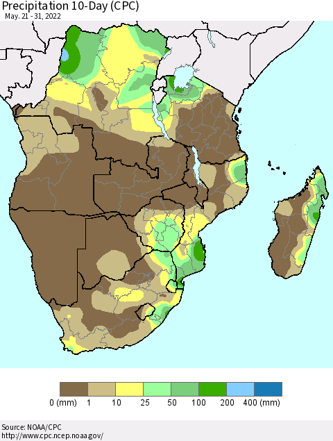 Southern Africa Precipitation 10-Day (CPC) Thematic Map For 5/21/2022 - 5/31/2022