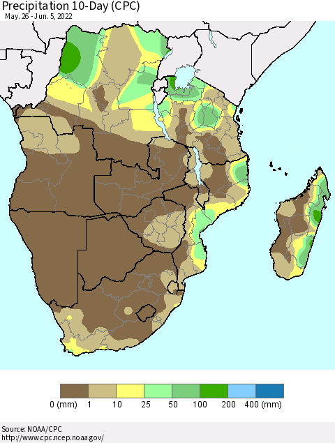 Southern Africa Precipitation 10-Day (CPC) Thematic Map For 5/26/2022 - 6/5/2022