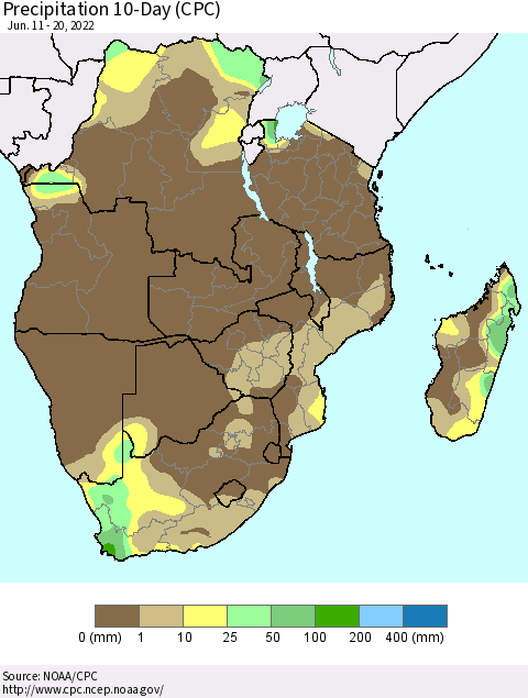 Southern Africa Precipitation 10-Day (CPC) Thematic Map For 6/11/2022 - 6/20/2022