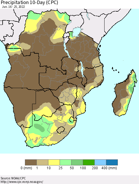 Southern Africa Precipitation 10-Day (CPC) Thematic Map For 6/16/2022 - 6/25/2022