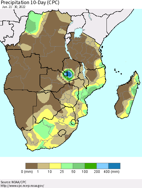 Southern Africa Precipitation 10-Day (CPC) Thematic Map For 6/21/2022 - 6/30/2022