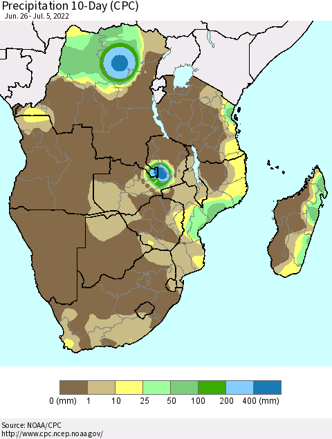 Southern Africa Precipitation 10-Day (CPC) Thematic Map For 6/26/2022 - 7/5/2022
