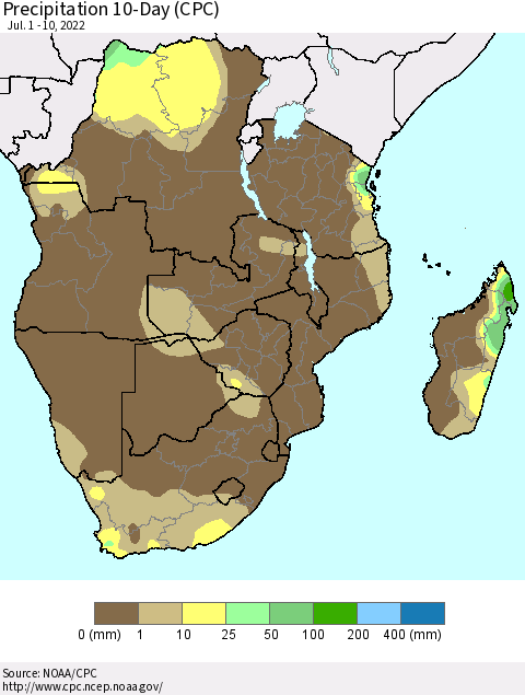 Southern Africa Precipitation 10-Day (CPC) Thematic Map For 7/1/2022 - 7/10/2022