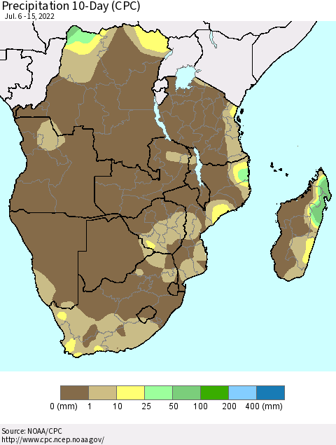 Southern Africa Precipitation 10-Day (CPC) Thematic Map For 7/6/2022 - 7/15/2022