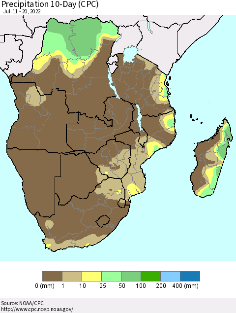 Southern Africa Precipitation 10-Day (CPC) Thematic Map For 7/11/2022 - 7/20/2022