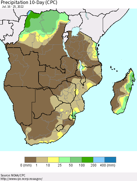 Southern Africa Precipitation 10-Day (CPC) Thematic Map For 7/16/2022 - 7/25/2022