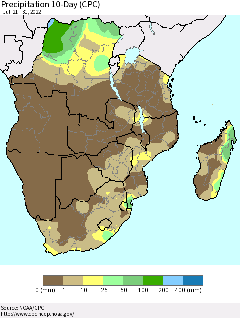 Southern Africa Precipitation 10-Day (CPC) Thematic Map For 7/21/2022 - 7/31/2022