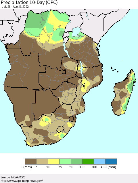 Southern Africa Precipitation 10-Day (CPC) Thematic Map For 7/26/2022 - 8/5/2022