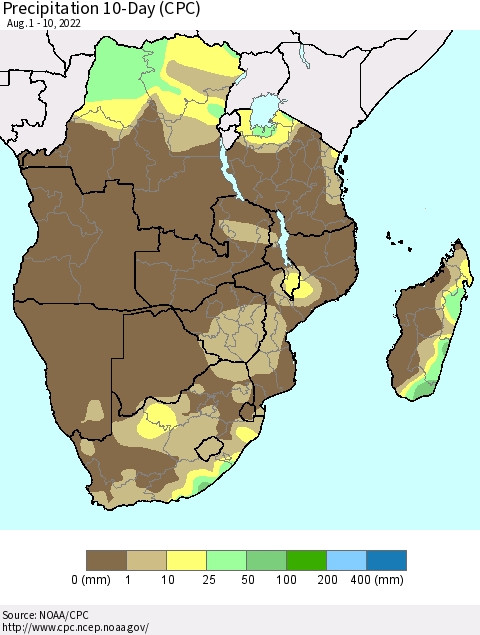 Southern Africa Precipitation 10-Day (CPC) Thematic Map For 8/1/2022 - 8/10/2022