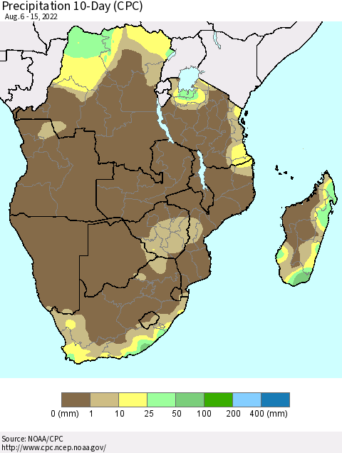 Southern Africa Precipitation 10-Day (CPC) Thematic Map For 8/6/2022 - 8/15/2022