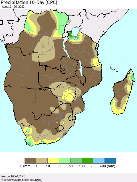 Southern Africa Precipitation 10-Day (CPC) Thematic Map For 8/11/2022 - 8/20/2022