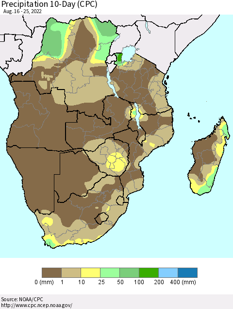Southern Africa Precipitation 10-Day (CPC) Thematic Map For 8/16/2022 - 8/25/2022