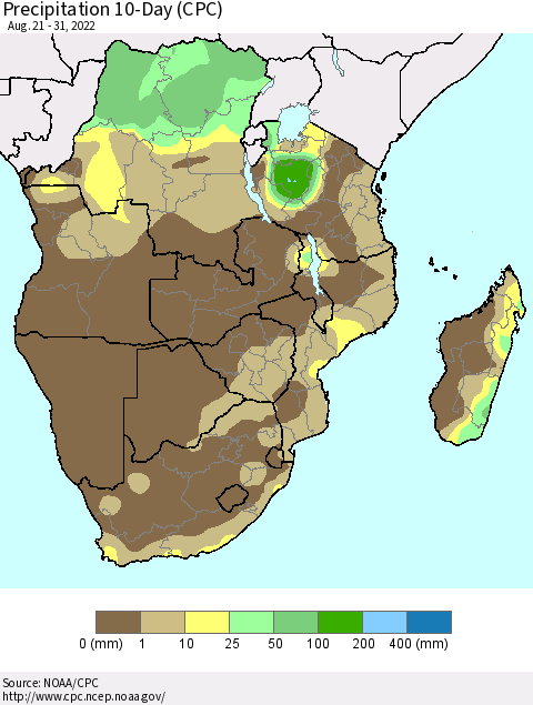 Southern Africa Precipitation 10-Day (CPC) Thematic Map For 8/21/2022 - 8/31/2022