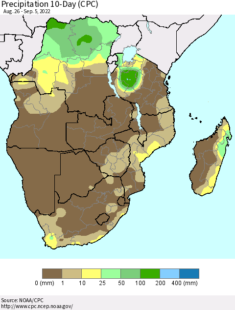 Southern Africa Precipitation 10-Day (CPC) Thematic Map For 8/26/2022 - 9/5/2022