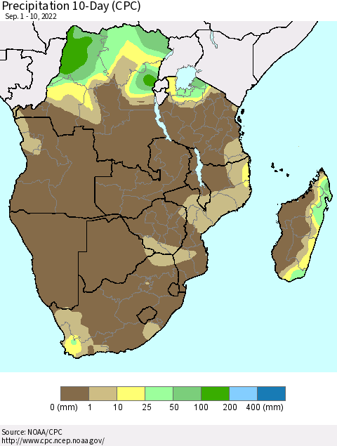 Southern Africa Precipitation 10-Day (CPC) Thematic Map For 9/1/2022 - 9/10/2022