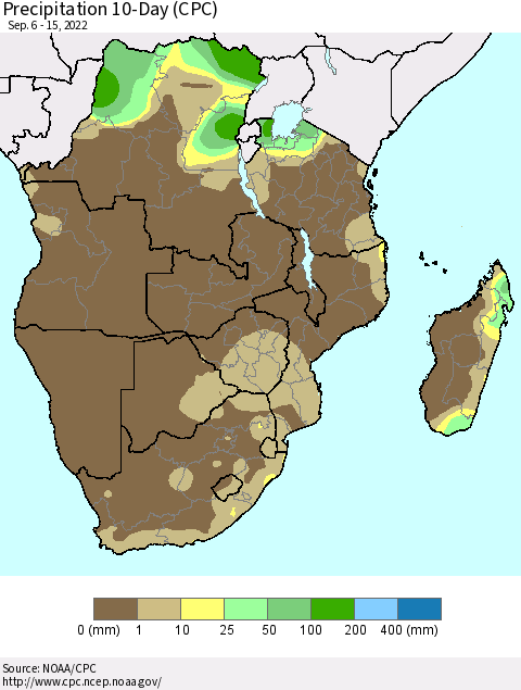 Southern Africa Precipitation 10-Day (CPC) Thematic Map For 9/6/2022 - 9/15/2022