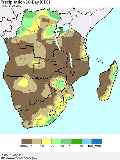 Southern Africa Precipitation 10-Day (CPC) Thematic Map For 9/11/2022 - 9/20/2022