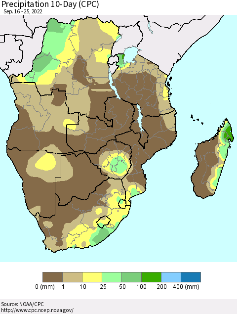 Southern Africa Precipitation 10-Day (CPC) Thematic Map For 9/16/2022 - 9/25/2022